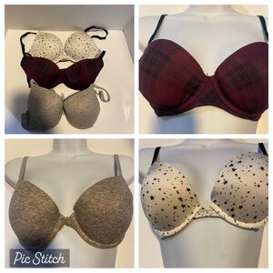 PINK Victoria's Secret 3 Bras Burgundy & Black Plaid,White w Black Star & Gray